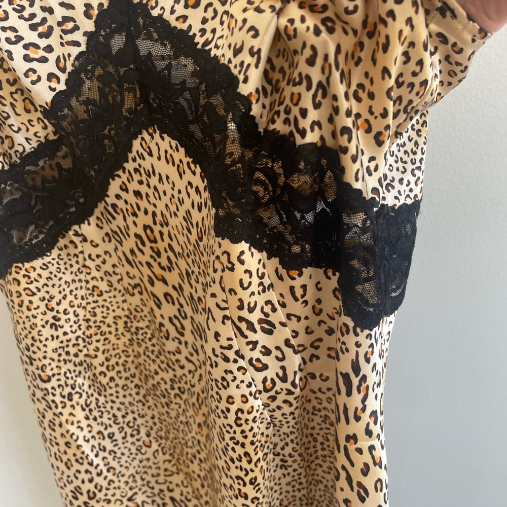 TAN CREAM LEOPARD PRINT SLIP DRESS STRAPS NEGLIGEE BLACK LACE AUGUST SILK - Picture 5 of 11
